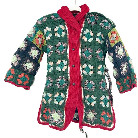Womens Vintage Handmade Retro Handknit Granny Square Crochet Cardigan Sweater - Picture 1 of 7